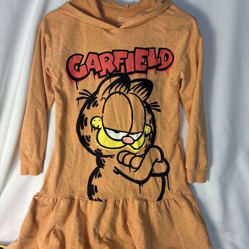 Garfield Kids Girls Character Hooded Cotton Ruffle Long Sleeve Dress Orange XS